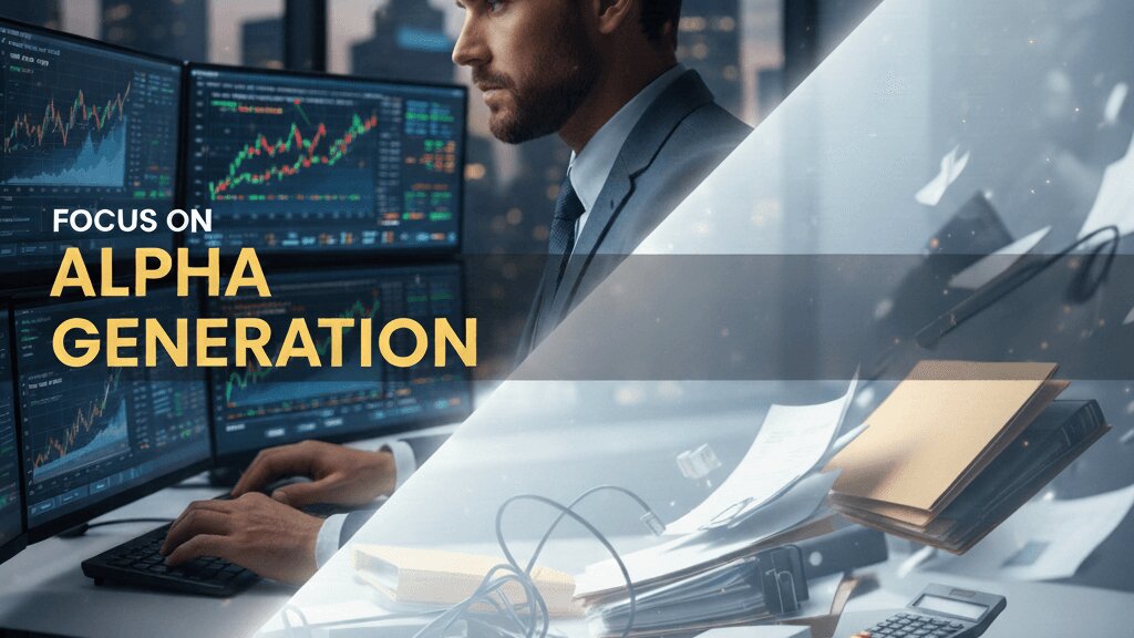 Split image contrasting a fund manager focused on trading screens with a cluttered desk of paperwork and administrative files, illustrating the trade-off between alpha generation and operational overhead.