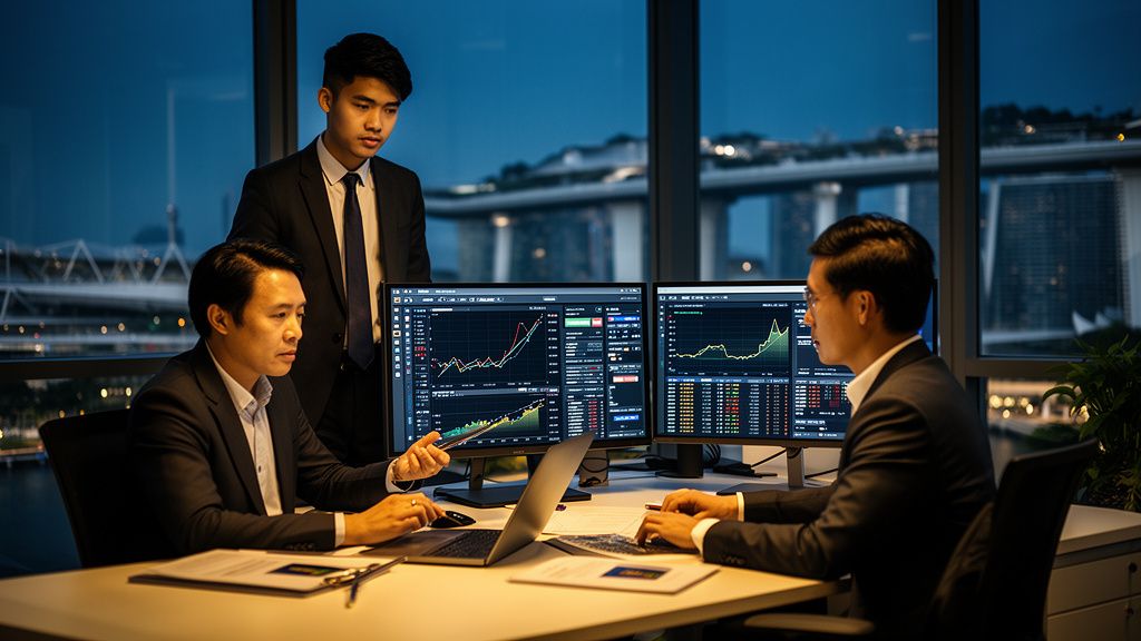 A young fund manager observing an experienced operations team at work in a Singapore office, representing the mentorship and best-practice exposure of starting on a fund platform.