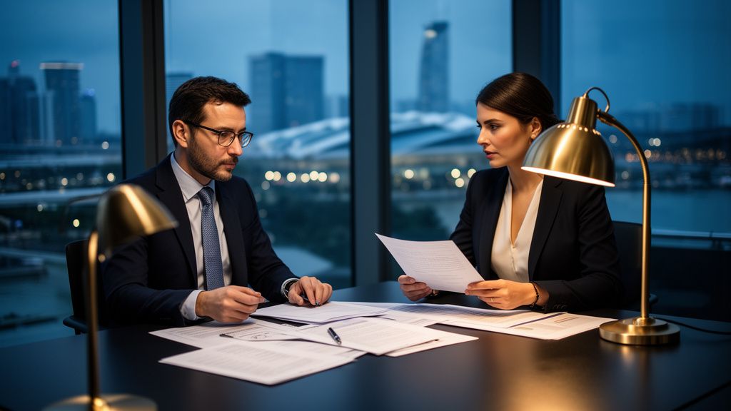 A fund manager reviewing legal documents alongside a tax advisor at a Singapore office, symbolizing the collaborative decision-making behind fund structuring.