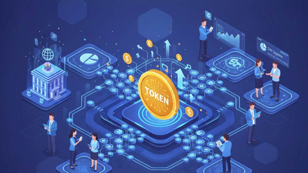 Abstract representation of an investment fund represented as digital tokens on a distributed ledger, illustrating fund tokenization.