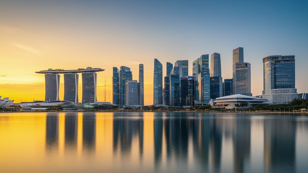Singapore's Marina Bay financial district skyline at golden hour, with the Central Business District skyscrapers reflected in the water, representing the city-state's role as a global fund management hub.